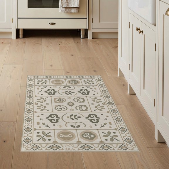 ODIKA 3'x5' Beige Olive Ornate Design Washable Area Rug Intricate Geometric and Floral Patterns for Hallway, Laundry Room, Non-Slip, Flatweave, Easy Care