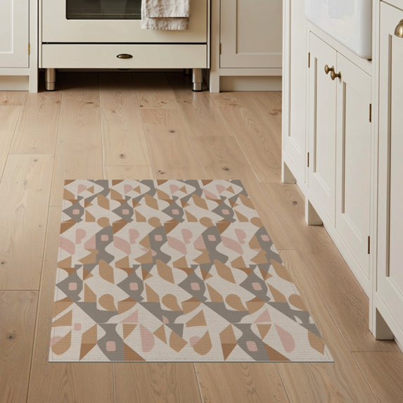 ODIKA 3'x5' Beige Pink Natural Geometric Washable Area Rug Contemporary Mid Century Interlocking Shapes Tessellated Mosaic for Hallway, Laundry Room, Non-Slip, Flatweave, Easy Care
