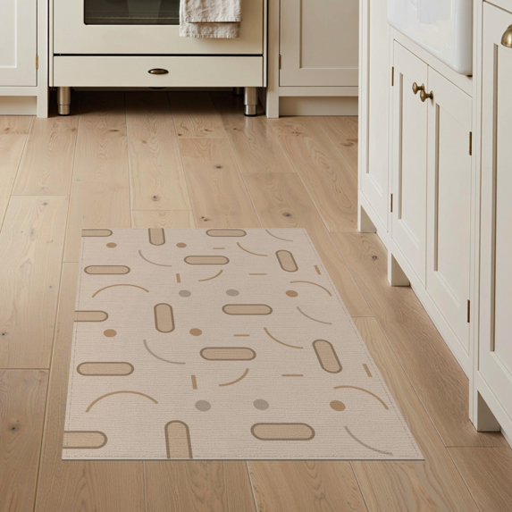 ODIKA 3'x5' Beige Sand Modern Geometric Abstract Washable Throw Rug Contemporary Minimalist Oval Circle Motif Stain Resistant, Low Profile, Non-Slip for Entryway, Kitchen, Mudroom