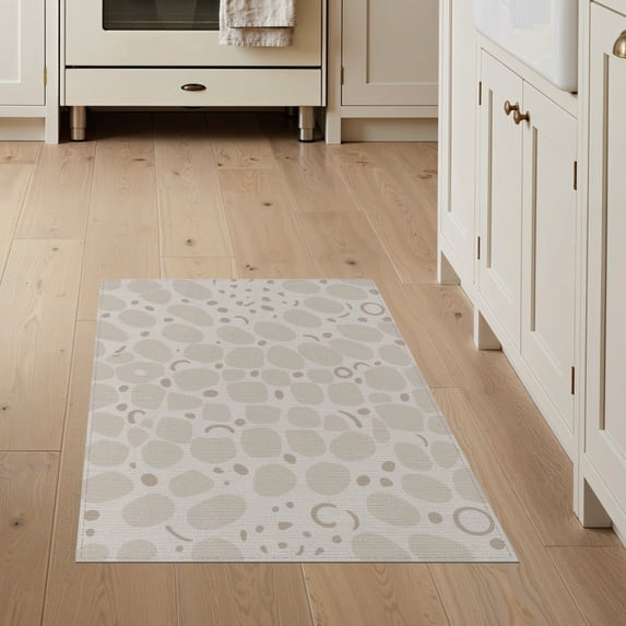ODIKA 3'x5' Beige Taupe Abstract Stone Pebble Washable Throw Rug Contemporary Scattered Geometric Circles Modern for Entryway, Kitchen, Mudroom, Stain Resistant, Low Profile, Non-Slip