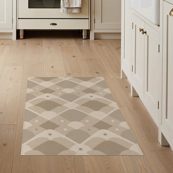 ODIKA 3'x5' Beige Taupe Geometric Diamond Washable Accent Rug Modern Contemporary Overlapping Circles Dotted Pet Friendly, Non-Shedding Mat for Bedside, Nursery Room