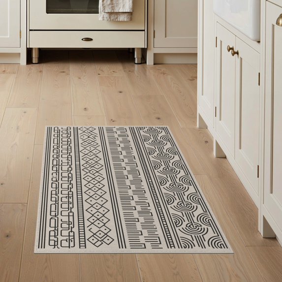 ODIKA 3'x5' Black Beige Geometric Striped Modern Washable Throw Rug Contemporary Motifs With Diamond Stain Resistant, Low Profile, Non-Slip for Entryway, Kitchen, Mudroom