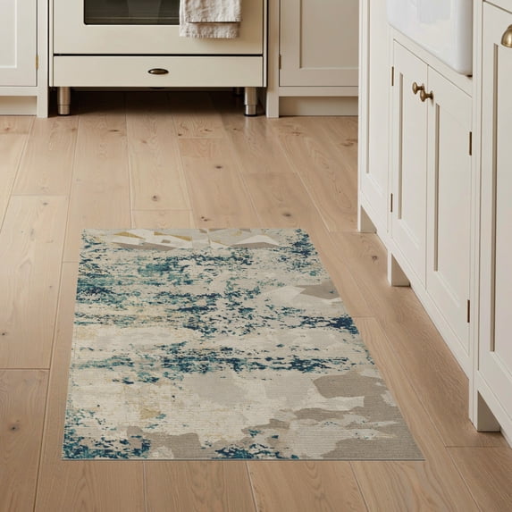 ODIKA 3'x5' Blue Beige Abstract Distressed Vintage Washable Area Rug Contemporary Weathered Paint Drip Artistic Modern for Hallway, Laundry Room, Non-Slip, Flatweave, Easy Care