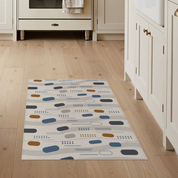 ODIKA 3'x5' Blue Beige Modern Abstract Geometric Washable Accent Rug Contemporary Minimalist Dotted Motif Design Pet Friendly, Non-Shedding Mat for Bedside, Nursery Room