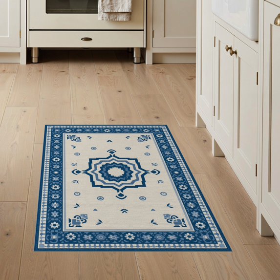 ODIKA 3'x5' Blue Cream Geometric Floral Design Washable Throw Rug Elegant Medallion with Intricate Borders Stain Resistant, Low Profile, Non-Slip for Entryway, Kitchen, Mudroom