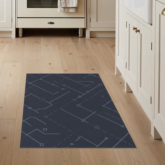 ODIKA 3'x5' Blue Dark Geometric Network Washable Area Rug Abstract Interconnected Grid System Modern Non-Slip, Flatweave, Easy Care for Hallway, Laundry Room