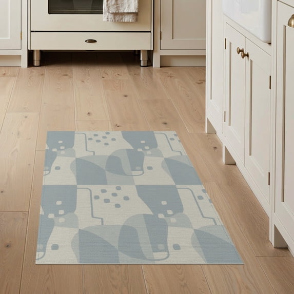ODIKA 3'x5' Blue Gray Abstract Geometric Spa Mist Washable Throw Rug Contemporary Modern Interlocking Shapes Minimalist Stain Resistant, Low Profile, Non-Slip for Entryway, Kitchen, Mudroom