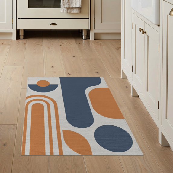 ODIKA 3'x5' Blue Orange Geometric Mid-Century Design Washable Throw Rug Bold Abstract Shapes with Retro Flair for Entryway, Kitchen, Mudroom, Stain Resistant, Low Profile, Non-Slip