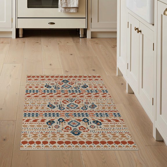 ODIKA 3'x5' Blue Spice Ocean Geometric Diamond Washable Area Rug Southwestern Kilim Style Medallion Pattern Non-Slip, Flatweave, Easy Care for Hallway, Laundry Room