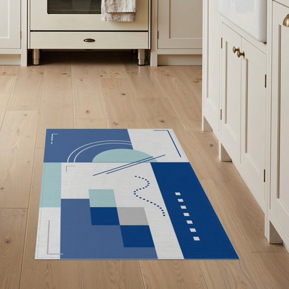 ODIKA 3'x5' Blue White Geometric Abstract Design Washable Throw Rug Modern Symmetrical Art Piece Stain Resistant, Low Profile, Non-Slip for Entryway, Kitchen, Mudroom