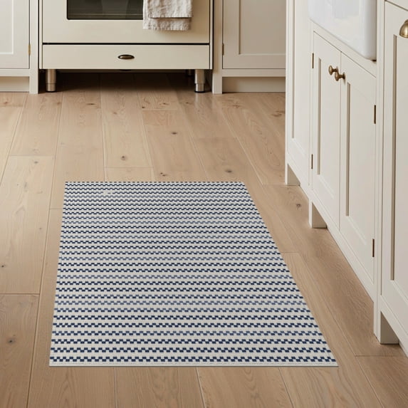 ODIKA 3'x5' Blue White Geometric Striped Design Washable Area Rug Modern Handwoven Pattern with Motifs for Hallway, Laundry Room, Non-Slip, Flatweave, Easy Care