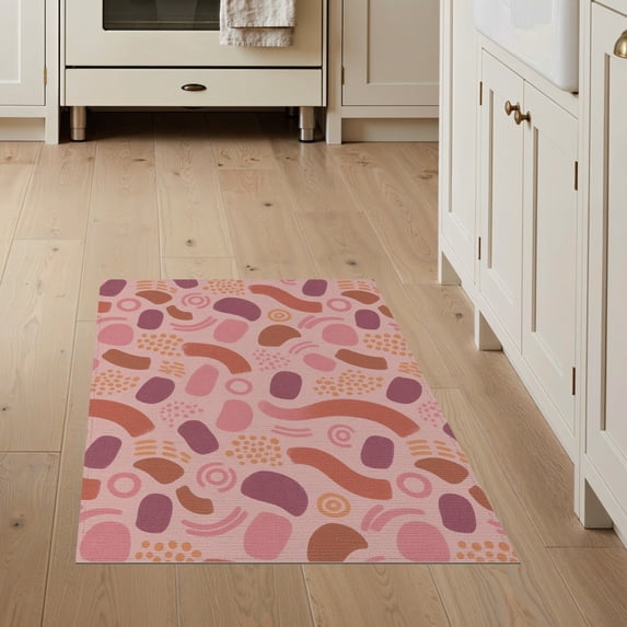 ODIKA 3'x5' Blush Pink Abstract Washable Throw Rug Modern Graphic Design With Playful Shapes And Retro Flair for Entryway, Kitchen, Mudroom, Stain Resistant, Low Profile, Non-Slip