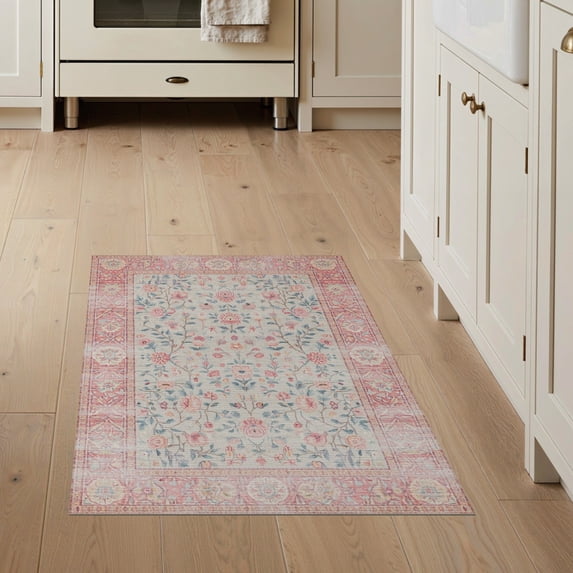 ODIKA 3'x5' Blush Pink Powder Blue Botanical Boho Washable Throw Rug Airy Bloom Scatter Contemporary Frame Foliage Sprays Stain Resistant, Low Profile, Non-Slip for Entryway, Kitchen, Mudroom
