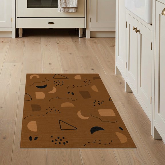 ODIKA 3'x5' Brown Abstract Geometric Wave Welcome Washable Throw Rug Contemporary Memphis Style With Scattered Dots Triangles for Entryway, Kitchen, Mudroom, Stain Resistant, Low Profile, Non-Slip