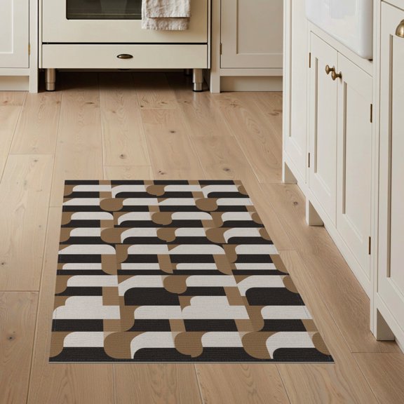 ODIKA 3'x5' Brown Cream Black Geometric Interlocking Washable Accent Rug Mid Century Retro Abstract Tessellated Modular Grid Vintage for Bedside, Nursery Room, Pet Friendly & Non-Shedding