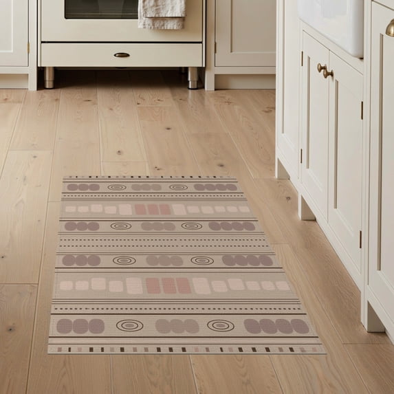 ODIKA 3'x5' Brown Mocha Geometric Striped Pattern Washable Area Rug Traditional Horizontal Bands Design Dotted Borders Non-Slip, Flatweave, Easy Care for Hallway, Laundry Room