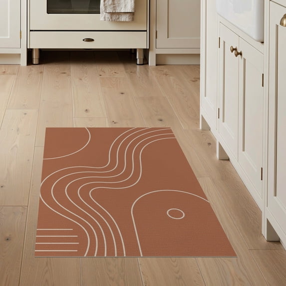 ODIKA 3'x5' Coral Red Minimal Curvature Design Washable Accent Rug Mid Century Modern Abstract Arch Pattern Pet Friendly, Non-Shedding Mat for Bedside, Nursery Room