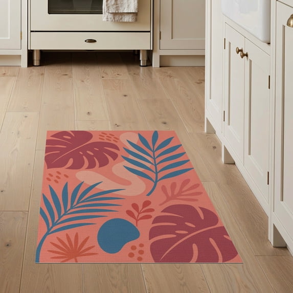 ODIKA 3'x5' Coral Teal Tropical Elegance with Modern Washable Throw Rug Chic Botanical Patterns for Contemporary Decor for Entryway, Kitchen, Mudroom, Stain Resistant, Low Profile, Non-Slip