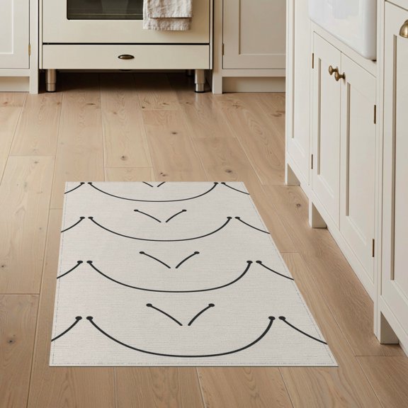ODIKA 3'x5' Cream Black Modern Geometric Arc Pattern Washable Area Rug Contemporary Minimalist Motif Non-Slip, Flatweave, Easy Care for Hallway, Laundry Room