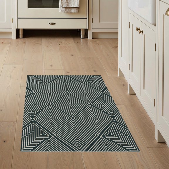 ODIKA 3'x5' Dark Green Geometric Maze Contemporary Washable Accent Rug Intricate Labyrinth Design With Concentric Square Motifs And Pet Friendly, Non-Shedding Mat for Bedside, Nursery Room