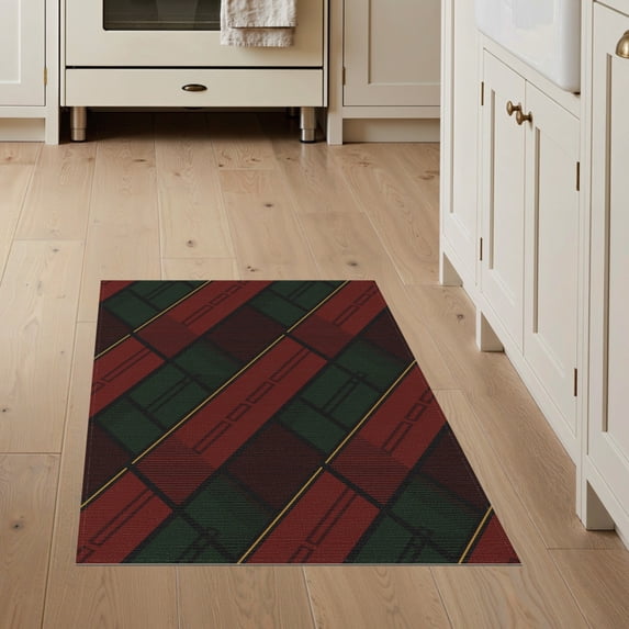ODIKA 3'x5' Dark Red Geometric Tartan Dress Washable Area Rug Modern Diagonal Stripe With Bold Graphic Design for Hallway, Laundry Room, Non-Slip, Flatweave, Easy Care