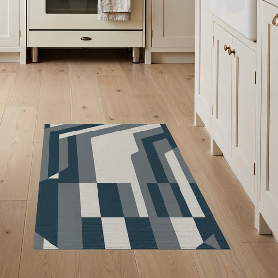 ODIKA 3'x5' Dark Teal Geometric Venn Charcoal Washable Throw Rug Modern Flatwoven Design With Abstract Rectangular Motifs Stain Resistant, Low Profile, Non-Slip for Entryway, Kitchen, Mudroom