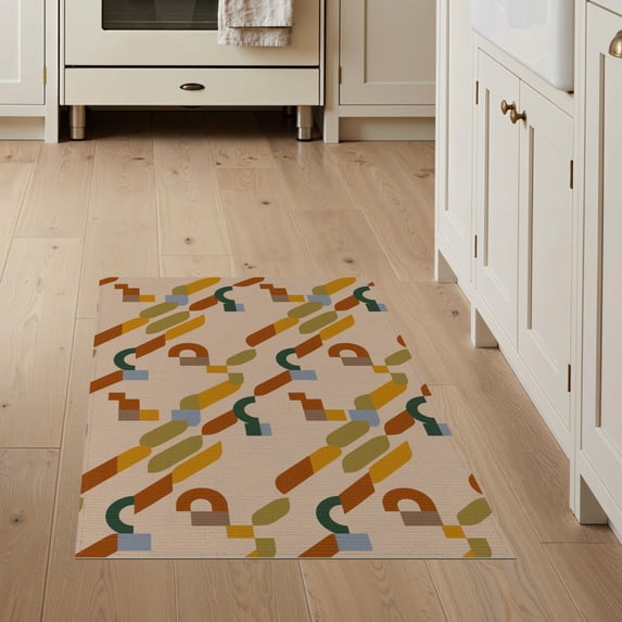 ODIKA 3'x5' Earthy Multicolor Geometric Pathway Washable Throw Rug Abstract Mid-Century Modern Design for Entryway, Kitchen, Mudroom, Stain Resistant, Low Profile, Non-Slip