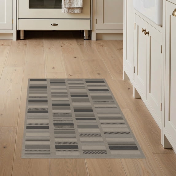 ODIKA 3'x5' Gray Beige Modern Geometric Striped Washable Area Rug Contemporary Block Motif with Diagonal for Hallway, Laundry Room, Non-Slip, Flatweave, Easy Care
