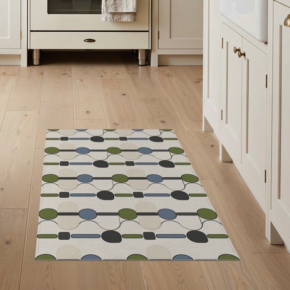 ODIKA 3'x5' Green Blue Geometric Chain Pattern Washable Area Rug Modern Abstract Connecting Circles and Rectangles for Hallway, Laundry Room, Non-Slip, Flatweave, Easy Care