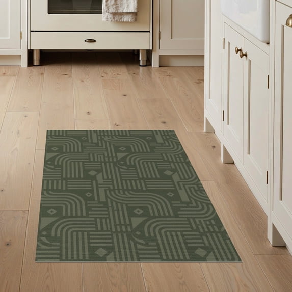 ODIKA 3'x5' Green Geometric Art Design Washable Throw Rug Intricate Pattern with Modern Flair for Entryway, Kitchen, Mudroom, Stain Resistant, Low Profile, Non-Slip
