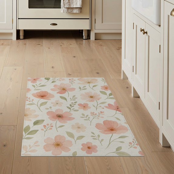 ODIKA 3'x5' Green Soft Peach Floral Elegance Washable Throw Rug Delicate Blooms with Insect Accents for Entryway, Kitchen, Mudroom, Stain Resistant, Low Profile, Non-Slip