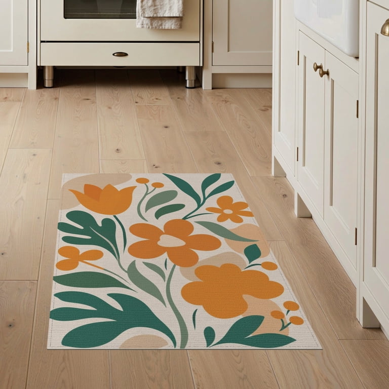 ODIKA 3'x5' Green Tangerine Floral Elegance Washable Throw Rug