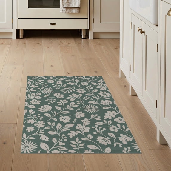 ODIKA 3'x5' Greenish Floral Elegance with Botanical Washable Accent Rug Timeless Design Blends Classic and Contemporary for Bedside, Nursery Room, Pet Friendly & Non-Shedding