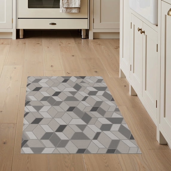 ODIKA 3'x5' Grey Brown Geometric Illusion Design Washable Throw Rug Modern 3D Cube Pattern with Style Stain Resistant, Low Profile, Non-Slip for Entryway, Kitchen, Mudroom