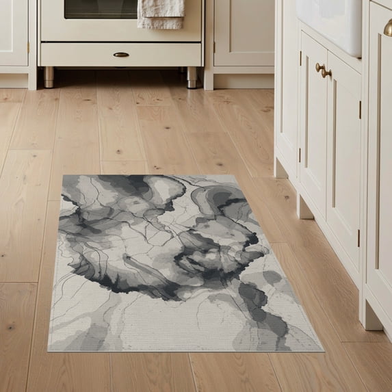 ODIKA 3'x5' Grey Watercolor Abstract Flowing Washable Area Rug Marble Veined Pattern with Fluid Non-Slip, Flatweave, Easy Care for Hallway, Laundry Room