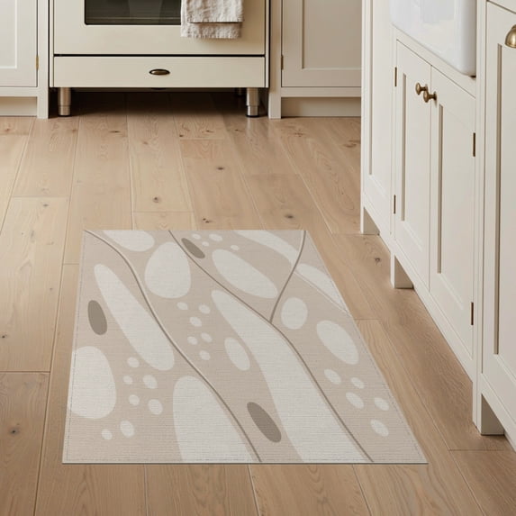 ODIKA 3'x5' Ivory Beige Abstract Flow Design Washable Accent Rug Shapes with Natural Elegance Pet Friendly, Non-Shedding Mat for Bedside, Nursery Room