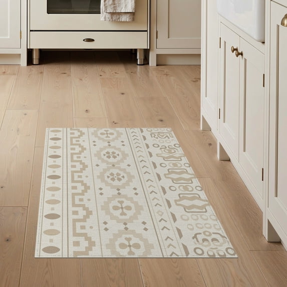 ODIKA 3'x5' Ivory Beige Black Geometric Pattern Washable Area Rug Intricate Modern Motif with Symmetry Non-Slip, Flatweave, Easy Care for Hallway, Laundry Room
