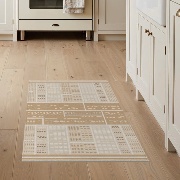 ODIKA 3'x5' Ivory Beige Geometric Handwoven Gridwork Washable Accent Rug Modern Rectangular Pattern with Bold Lines Pet Friendly, Non-Shedding Mat for Bedside, Nursery Room