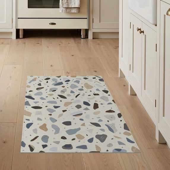ODIKA 3'x5' Ivory Blue Acetate Abstract Elegance Washable Area Rug Contemporary Artistic Expression in Soft Pastels for Hallway, Laundry Room, Non-Slip, Flatweave, Easy Care