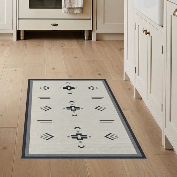 ODIKA 3'x5' Ivory Charcoal Geometric Design Washable Throw Rug Modern Symmetrical Motif with Bold Accents for Entryway, Kitchen, Mudroom, Stain Resistant, Low Profile, Non-Slip