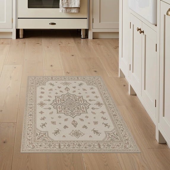 ODIKA 3'x5' Ivory Cream Santiago Medallion Washable Area Rug Ornate Central Design With Intricate Floral Motifs And Decorative for Hallway, Laundry Room, Non-Slip, Flatweave, Easy Care