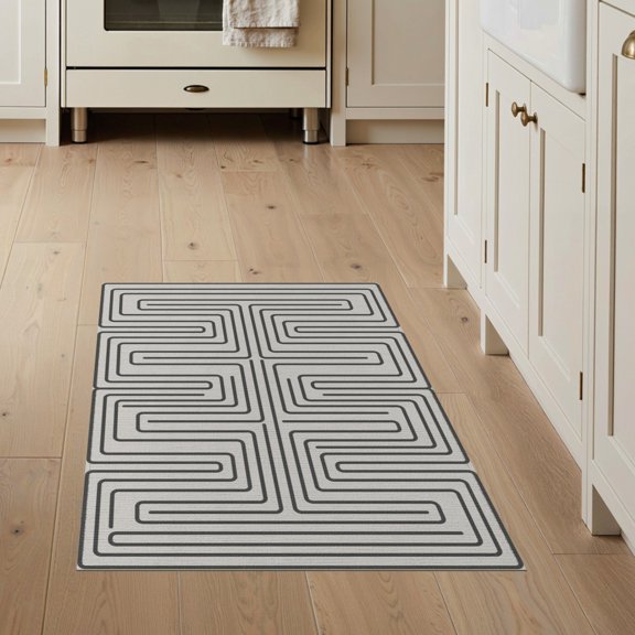ODIKA 3'x5' Ivory Geometric Maze Washable Accent Rug Modern Labyrinth Design With Intricate Motifs for Bedside, Nursery Room, Pet Friendly & Non-Shedding