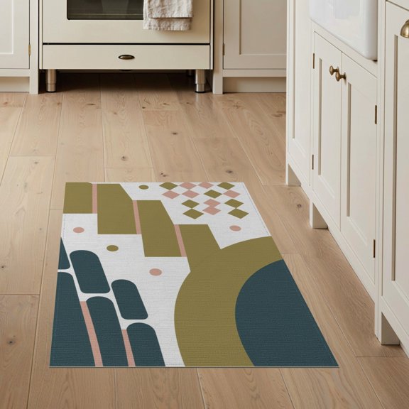 ODIKA 3'x5' Ivory Olive Geometric Abstract Design Washable Accent Rug Art Inspired Modern Pattern Motif for Bedside, Nursery Room, Pet Friendly & Non-Shedding