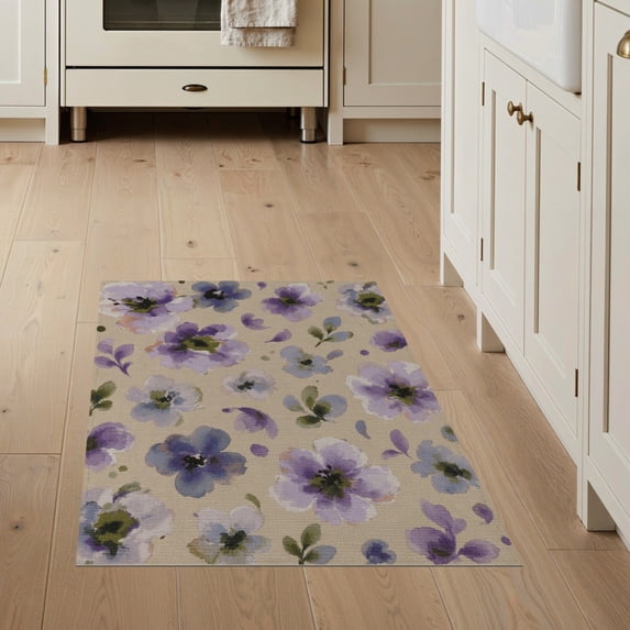 ODIKA 3'x5' Lavender Watercolor Floral Design Washable Accent Rug Artistic Botanical Blooms With Scattered Petals Contemporary Style Graphics Pet Friendly, Non-Shedding Mat for Bedside, Nursery Room