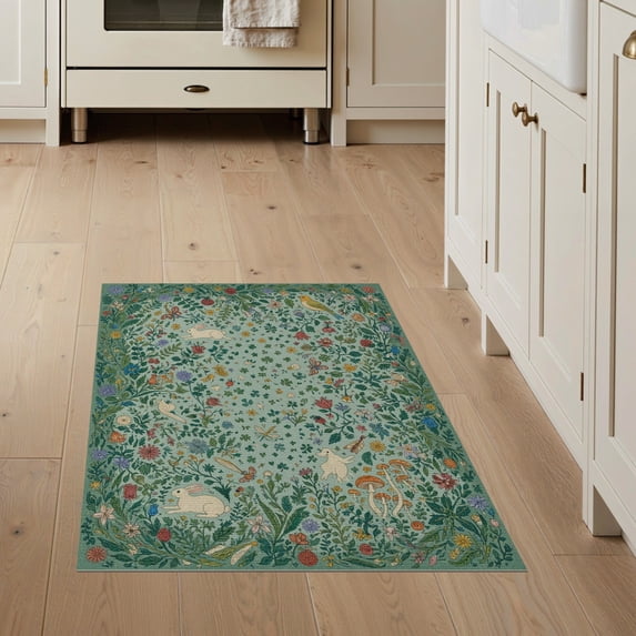ODIKA 3'x5' Mint Green Meadow Lily Washable Throw Rug Whimsical Nature Scene With Floral And Fauna Motifs for Entryway, Kitchen, Mudroom, Stain Resistant, Low Profile, Non-Slip