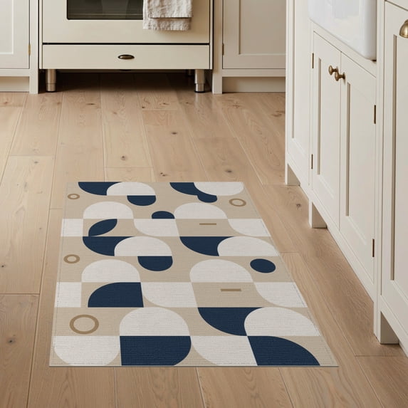 ODIKA 3'x5' Navy Beige Modern Geometric Abstract Washable Area Rug Contemporary Minimalist Scandinavian Style Bauhaus for Hallway, Laundry Room, Non-Slip, Flatweave, Easy Care