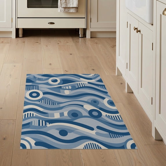 ODIKA 3'x5' Navy Blue Abstract Waves Geometric Washable Throw Rug Modern Flowing Curved Lines With Circular Motifs Striped Mid for Entryway, Kitchen, Mudroom, Stain Resistant, Low Profile, Non-Slip