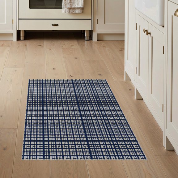 ODIKA 3'x5' Navy Blue Geometric Grid Pattern Handwoven Washable Throw Rug Traditional Square Motif Checkered for Entryway, Kitchen, Mudroom, Stain Resistant, Low Profile, Non-Slip