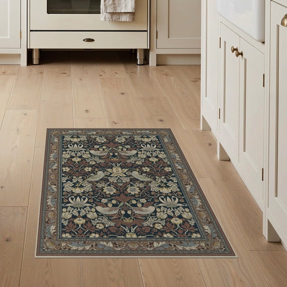ODIKA 3'x5' Navy Blue Ornate Floral Washable Throw Rug Intricate Botanical Motifs With Classic Symmetrical Design Stain Resistant, Low Profile, Non-Slip for Entryway, Kitchen, Mudroom