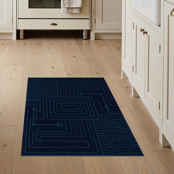 ODIKA 3'x5' Navy Blue Teal Circuit Board Labyrinth Washable Throw Rug Modern Electronic Pathway Maze With Intricate Grid for Entryway, Kitchen, Mudroom, Stain Resistant, Low Profile, Non-Slip